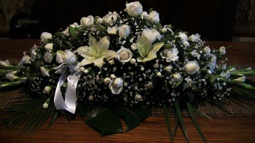 White Rose, Lily and Baby's Breath Casket Flowers