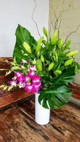Orchid, Lily, Jungle Leaf and Willow Corporate Reception Vase Arrangement