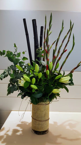 Gum, Gladioli and Lily Corporate Reception Vase Arrangement
