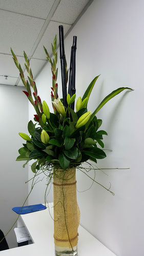 Bamboo, Gladioli, Lily and Vine Corporate Reception Vase Arrangement