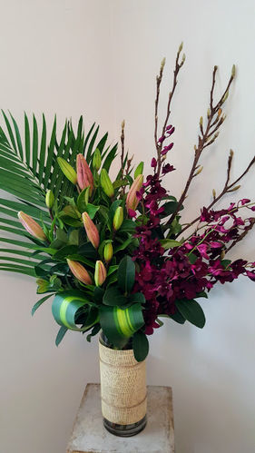 Lily, Magnolia Sticks and Orchid Corporate Vase Arrangement