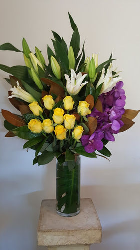 White Oriental, Yellow Roses and Vanda Reception Flowers